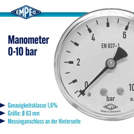 EMPEO by Messbo Pressure Gauge, NG 63 0-10 Bar, 63 mm Diameter, G1/4 Inch Connection at the Rear, Tube Spring Manometer, Steel Housing