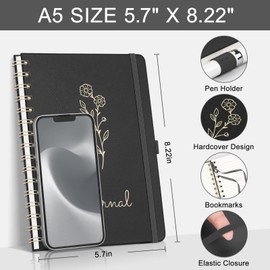 EMSHOI Spiral Notebook College Ruled, A5 Small Hardcover Leather, 140 Numbered Pages, 100 GSM Lined Journal for Women Men School Work Writing Journaling Note Taking, 5.7" x 8.22", Black