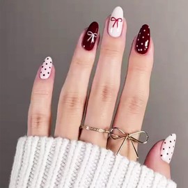24 Pcs Valentines Press on Nails Dark Red Tie Bow Stick on Nails Polk Dots Acrylic Medium Almond Fake Nails Glossy White Tie Bow False Nails Romantic Valentines Gel Glue on Nails for Women Girls