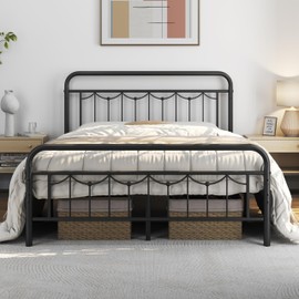 Yaheetech Queen Size Metal Bed Frames with Vintage Headboard and Footboard, Farmhouse Metal Platform Bed, Heavy Duty Steel Slat Support, Ample Under-Bed Storage, No Box Spring Needed, Black