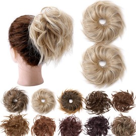 Hairro Tousled Updo Messy Bun Hair Pieces Curly Wavy Elastic Scrunchies (#18H613 Dark Blonde & Bleach Blonde) Rubber Band Hairpiece Fluffy Hair Extensions Synthetic Chignon Ponytail Donut for Women Hairpiece for Birthday Party 45g 2pcs