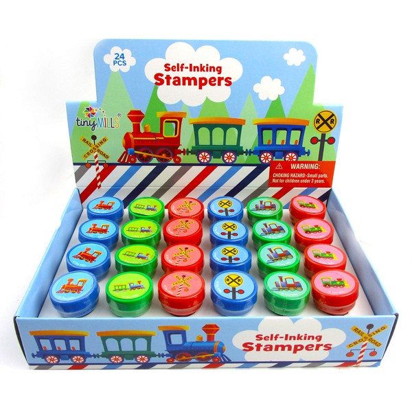TINYMILLS 24 Pcs Train Stampers for Kids Birthday Party Goody Bag Stuffer Pinata Filler Carnival Rewards Class Prizes