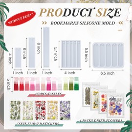 Fuyoooo Dried Flower Bookmarks Includes 5 Pcs Silicone Resin Bookmark Mold, 150 Pcs Colorful Tassels, 4 Pack Dried Flowers, 5 Set Flower Stickers DIY Bookmarks Kit for Book Lovers Woman Birthday Gifts