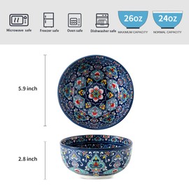 glowworm Cereal Bowls Set of 6, 26 Oz Ceramic Soup Bowls for Kitchen, Colorful Cereal Bowls for Rice, Oatmeal, Fruit, Ice Cream, Dessert, Dishwasher & Microwave safe, Bohemian