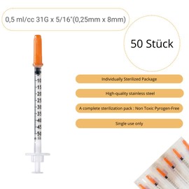 Pack of 50 0.5 ml/cc Plastic Tube 31G (0.25 х 8 mm) Multi-Purpose Measuring Tools, Individually Packed, Laboratory Accessories