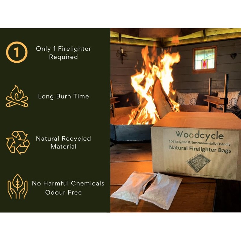 Woodcycle Natural Firelighter Bags - Environmentally Friendly Fire Starters for