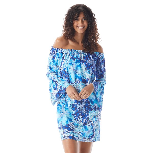 BEACH HOUSE Style Kelsea UPF 50+ - Vestido de punto fruncido con hombros descubiertos y bolsillos, Sanibel Floral Indigo, XL