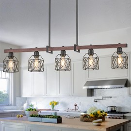 Ruibutrade 5-Light Modern Farmhouse Island Lighting, Adjustable Height Rustic Chandelier with Walnut Metal Frame & Matte Black Geometric Shade, E26 Base Hanging Light for Dining Room Over Table