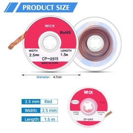 Pack of 2 Solder Wick Braid, 2.5mm W 0.10'' L 5' Solder Wick, Desoldering Wick with Flux No-Clean Electronic Desoldering Copper Wire, Desoldering Wick Braid Remover, Desolder Soldering
