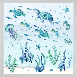 Yovkky Spring Summer Under The Sea Window Clings 4 Sheets, Ocean Life Turtle Jellyfish Seahorse Seaweed Stickers Decals Decor, Beach Coastal Starfish Crab Fish Bubble Home Kitchen Decorations
