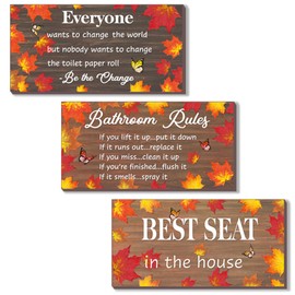 DONFENTHY 3 Pcs Fall Bathroom Decor Fall Bathroom Rules Wall Art Autumn Maple Leaves Thanksgiving Home Decoration Farmhouse Wooden Best Seat in The House Accessories for Toilet Decor(Orange 10x5")