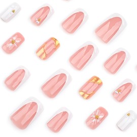 French Tip Press On Nails Medium Square Fake Nails Nude Pink False Nails With 3D Flower Peal Gold Stripe Designs Acrylic Nails Press Ons Full Cover Glue On Nails Stick On Nails For Women