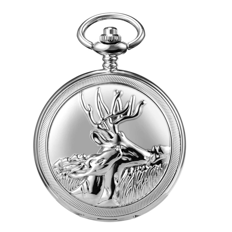 TREEWETO Men's Deer Reindeer Silver Full Hunter Case Pocket Watch