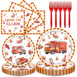 96Pcs Firetruck Birthday Decorations Fire Truck Baby Shower Plates and Napkins Forks Party Supplies Fire Truck Birthday Decorations