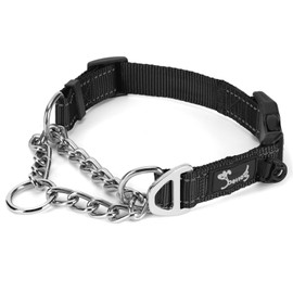 PETTOM Martingale Half Dog Collar, Strong Dog Collar Metal Chain, Quick Release Safety Buckle Reflective Nylon Padded with ID Ring D Ring Adjustable Half Check (S: Neck 37.5-43 CM)