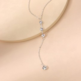 TseenYi Cubic Zirconia Lariat Necklace CZ Drop Lariat Necklace Chain Boho Crystal Long Dangling Y Necklace Long Y Drop Chain Necklace Jewellery for Women and Girls (Silver)