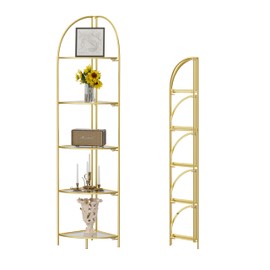 Crofy Foldable 5 Tier Corner Shelf, Corner Plant Stand with Gold Metal Frame and Transparent Tempered Glass Shelves, Corner Display Rack Multipurpose Shelving Unit for Living Room, Bedroom, Bathroom