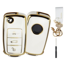 Anevios Car Key Case VW with Key Fob 3 Buttons TUP Compatible with VW Golf 5 6 Polo Touran Tiguan Passat Sharan Skoda Seat Key Cover Car Key Cover Protective Case (White)