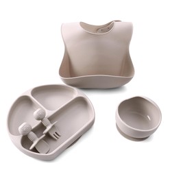 Silicone Baby Feeding Set | Baby Led Weaning Supplies | 5-Piece Includes Suction Bowls and Divided Plates, Adjustable Bib, Baby Utensils Spoons and Forks,Baby Feeding Essentials. (Beige)