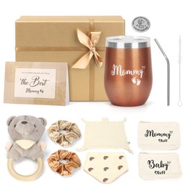 Baby Shower Gifts, Newborn Baby Hamper Basket, Gift Set for Newborn Unisex, Boy, Girl - New Baby Gift with Gift Bag for Mum, Insulated Cup, Baby Bib, Rattle, Decison Coin - New Parents Hamper