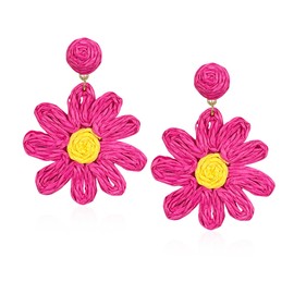 Anmpab Boho Raffia Flower Earrings Sunflower Raffia Rattan Drop Earrings for Women Spring Summer Beach Vacation Jewelry (Hot Pink)