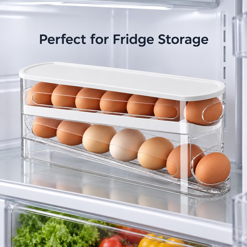 Automatic Rolling Egg Storage Box – Refrigerator Egg Organizer Rack