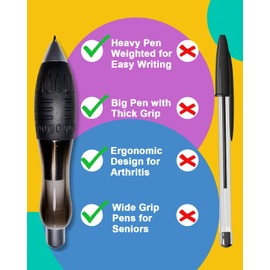 lyforx 𝟯 𝗼𝘇 Fat 𝐇𝐞𝐚𝐯𝐲 𝐖𝐞𝐢𝐠𝐡𝐭𝐞𝐝 Pens for Tremors Arthritis Parkinson's Carpal Tunnel Wide Grip Thick Barrel Easy to Hold Black (2Pens 3 Blue 3 Black Refills)