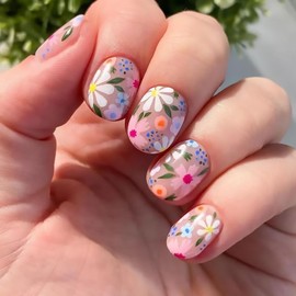 QEYRIYI Colorful Flowers Press on Nails Short Square Fake Nail Spring Summer Colorful Floral False Nails Acrylic Glossy Glue on Nail Full Cover Artificial Stick on Nail for Women 24 Pcs