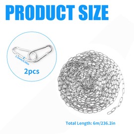 Stainless Steel Chain Sold by the Metre 1.5 mm, 6 m Stainless Steel Chain with Carabiner Steel Chain, Metal Chain for Hanging, Stainless Steel Link Chain for Dog Chain, Anchor Chain, Laundry Chain,