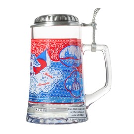 Czech Republik Heritage Flag & Map Glass Beer Stein with Metal Lid and Thumb Lift