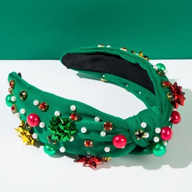 Jumwrit Christmas Wide Top Knot Headband with Pearl Rhinestone for Women Non Slip Sparkly Crystal Embellished Hair Band Snowflake Decoration Fashion Holiday Hair Accessories (Green, 7 * 5.9inch)