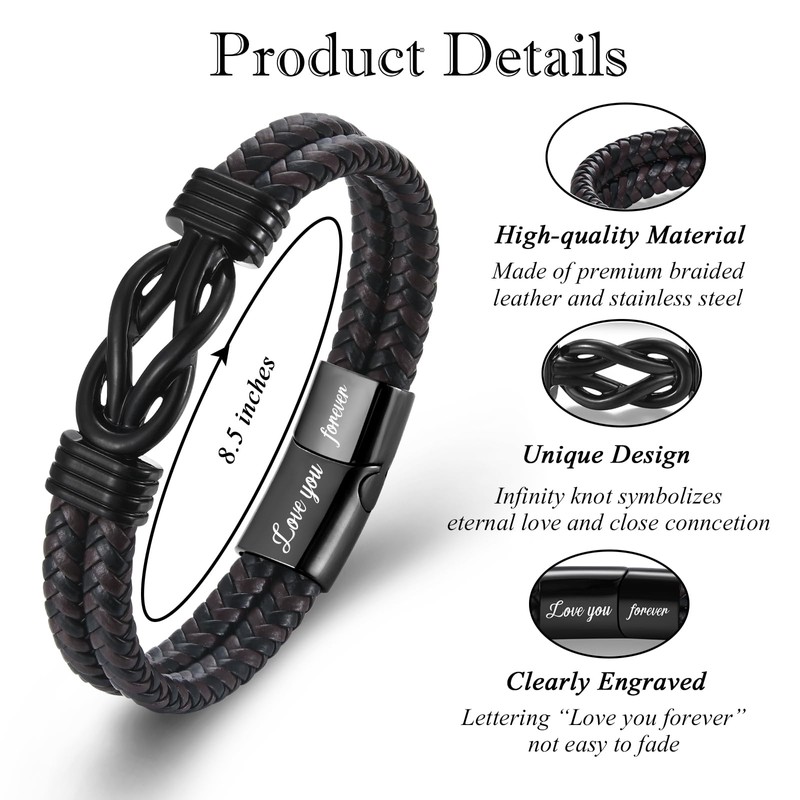 ITESSY Gifts for Husband, Infinity Knot Brown Braided Leather Stainless