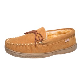 PEDOQU Men Slippers Moccasins Genuine Suede Upper Slippers House Warm Slipper Shoes Faux Fur Lining Memory Foam Rubber Sole Adjustable Shoelace for Indoor Outdoor Winter