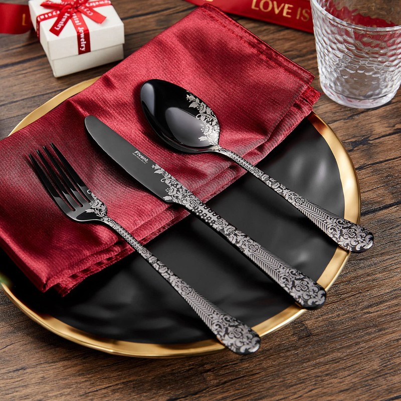 Fivent Floral Damask Rose Black Cutlery Set - 20 pcs