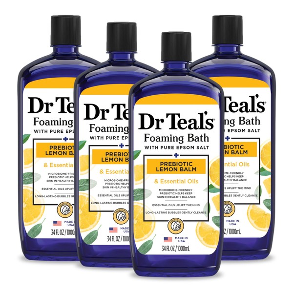 Dr Teal's Foaming Bath with Pure Epsom Salt, Prebiotic Lemon Balm & Essential Oils, 34 fl oz (Pack of 4) (Packaging May Vary)