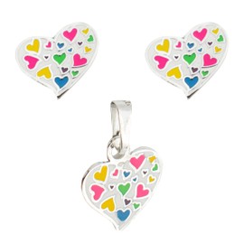 Juego de Aretes y Dije de Plata .925, Diseño Corazón Multicolor, Artesanía Mexicana