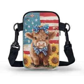Xpyiqun American Flag Mini Crossbody Bags for Women Cute Highland Cow Travel Purse Wallet Sunflower Womens Small Trendy Messenger Bag Canvas Shoulder Handbags Sling Zipper Pockets Phone Pouch