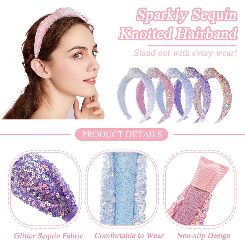 3 Pcs Sequin Knotted Hairbands Cute Sparkly Headband Princess Head