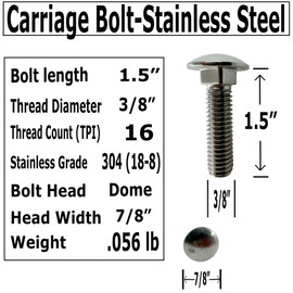 (10) 3/8-16 x 1.5”- 304 (18-8) Grade Stainless Steel Carriage Bolts Screws Dome Head Nuts & Washers Included for Trailer Deck Floors headboards-Rust Resistant by BRAUNY BOY- Qty (10)