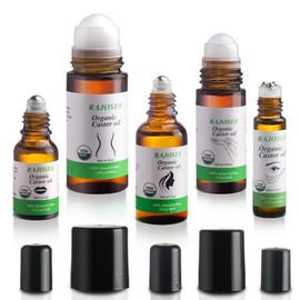 RAJOSEE-Juego de 5 roll-on de aceite de ricino, roll-on de aceite de ricino orgánico certificado para la piel, cintura, espalda y piernas, juego de aceite de ricino para labios, cejas y vello, pre-frí