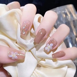 24Pcs French Manicure False Nails Glossy Long Ballerina Stick on Nails Nude Press on Nails with Diamonds Designs Full Cover Artificial Nail Tips with Glue Included for Women and Teen Girls (Flowers)