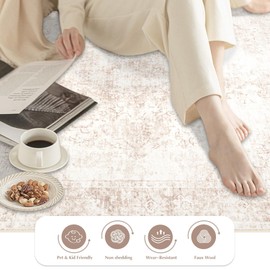 Vintage Living Room Area Rug - 9x12 Large Machine Washable Boho Moroccan Rug Distressed Farmhouse Rugs for Bedroom - Soft Non-Slip Indoor Carpet for Dining Room Office Nursery(Retro Beige, 9'x12')