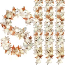 Neutral Fall Garland for Mantle Fireplace - 4 Pack 12Ft Outdoor Autumn Leaves Decor for Home Front Door with Pumpkins Indoor Maple for Farmhouse Table Stairs Porch Halloween Thanksgiving Decorations