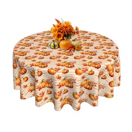 Fall Round Tablecloth 60 Inch Watercolor Pumpkin Stripes Table Cloth Waterproof Heat Resistant Reusable Autumn Decorations Table Cover for Holiday Kitchen Dinning Party Decor