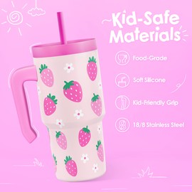 Strawberry Tumbler 20oz with Handle and Silicone Straw Lid for Kid, Insulated Stainless Steel Cup, Gift for Kids Girls, Gifts Idea for Birthday Christmas Back to School