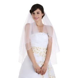 SAMKY 2T 2 Tier Crystal Beaded Edge Bridal Wedding Veil, White, Fingertip Length 36"