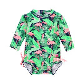 RuffleButts Baby Girls UPF 50+ Sun Protection Tropical Print Long Sleeve One Piece Rash Guard Swimsuit with Zipper - Flamingo Frenzy, 2T