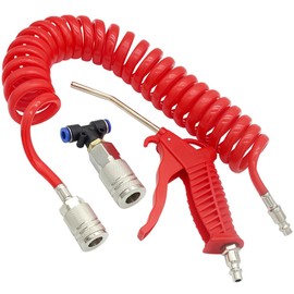 Qolekog Air Blow Gun kit with 16ft Long 8mm OD Coil PU Air Hose Air Duster Blow Gun Kit With Plastic Adapter (Red)
