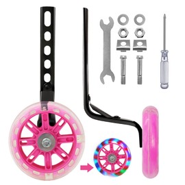 Kids Bike Stabilisers Mounted Kit, 1 Pair Pink Bicycle Mute Flash Wheels, Adjustable Stabilizers Support Wheel, Universal Cycling Training Wheels with Cross Head Screwdriver for Childs Children Bike