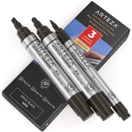 ARTEZA Acrylic Paint Markers, Pack of 3, A003 Space Black, 2 Thick, Chisel + Bullet Nib, Paint Pens for Canvas, Rock, Glass, Wood, Ceramic